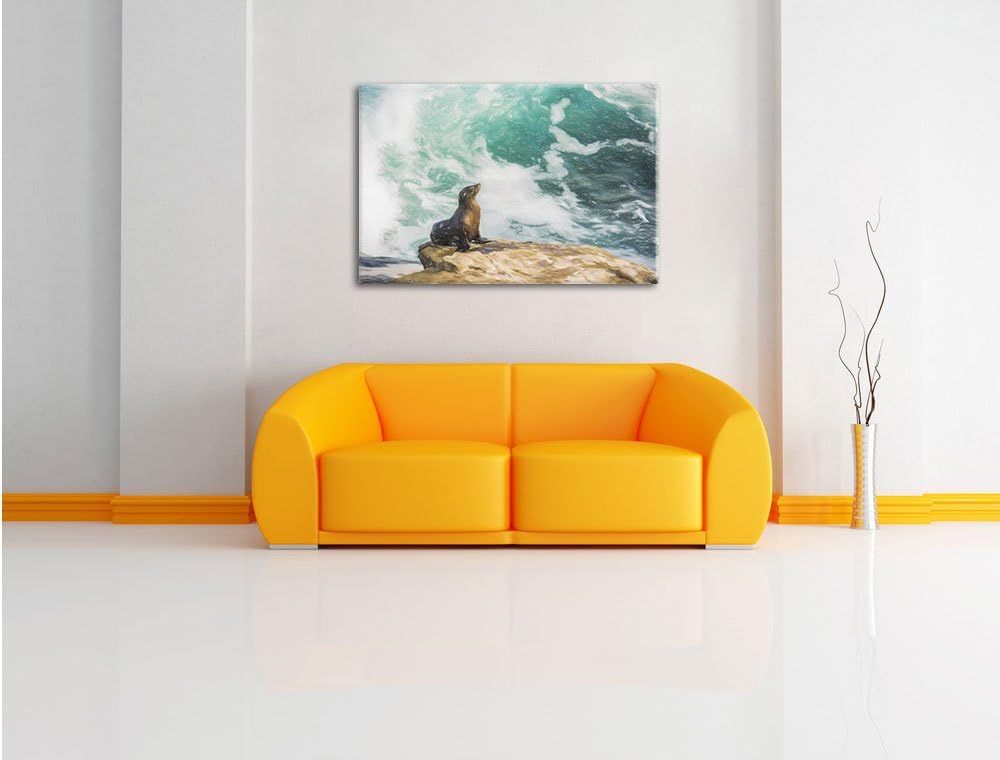 Pixxprint süsse Robbe sonnt Sich Kunst Buntstift Effekt, Format: 100x70 auf Leinwand, XXL riesige Bi