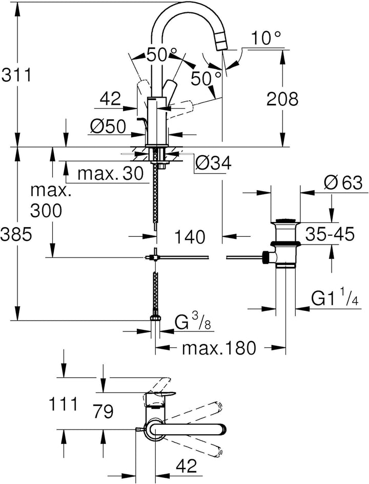GROHE SLM Basin L Start-Badarmatur (wassersparend, 31cm hoch, schnelle Befestigung, inkl Montagewerk