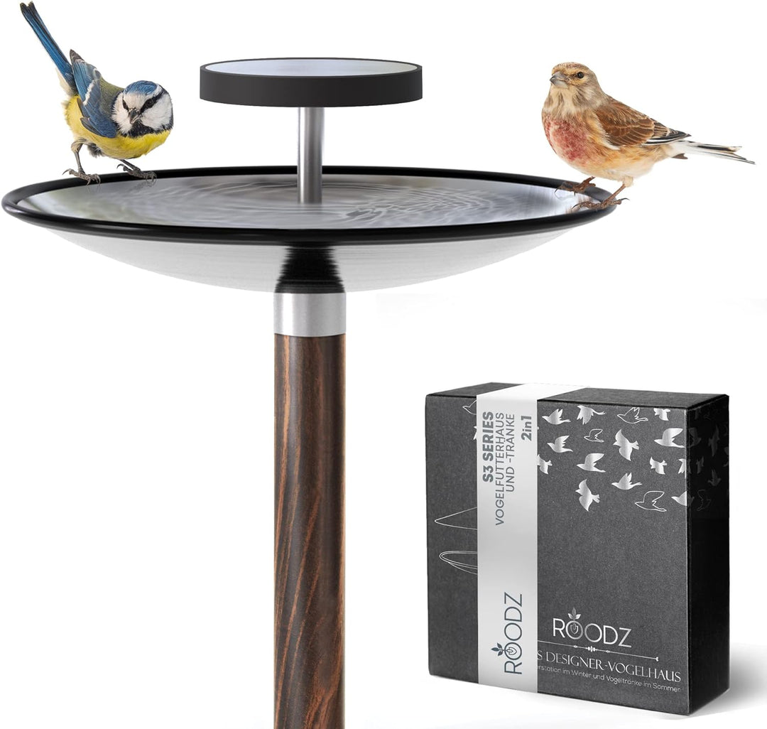 ROODZ Vogelhaus und Vogeltränke 2in1 mit Ständer Wetterfest, aus Rostfreiem Edelstahl, Designer-Voge
