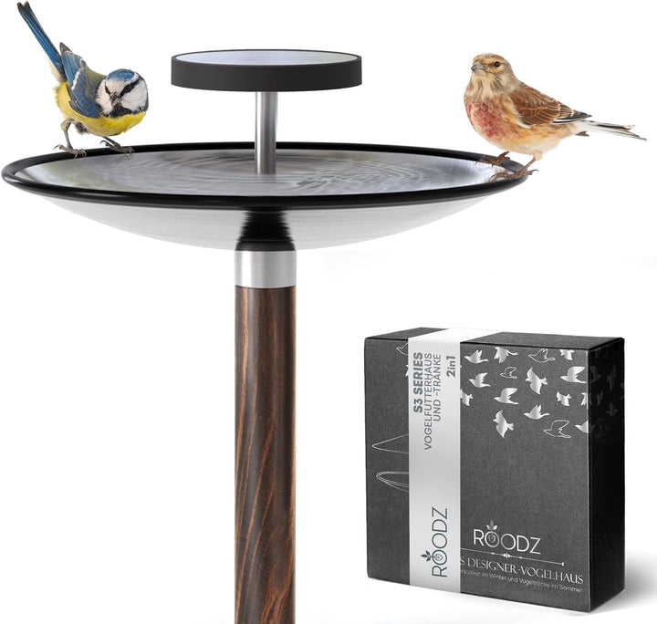 ROODZ Vogelhaus und Vogeltränke 2in1 mit Ständer Wetterfest, aus Rostfreiem Edelstahl, Designer-Voge