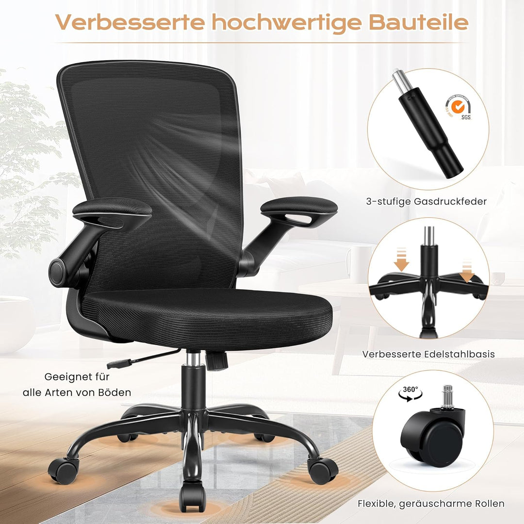 KERDOM Bürostuhl, Ergonomischer Schreibtischstuhl mit Klappbaren Armlehnen, 360° Drehstuhl Mesh Comp
