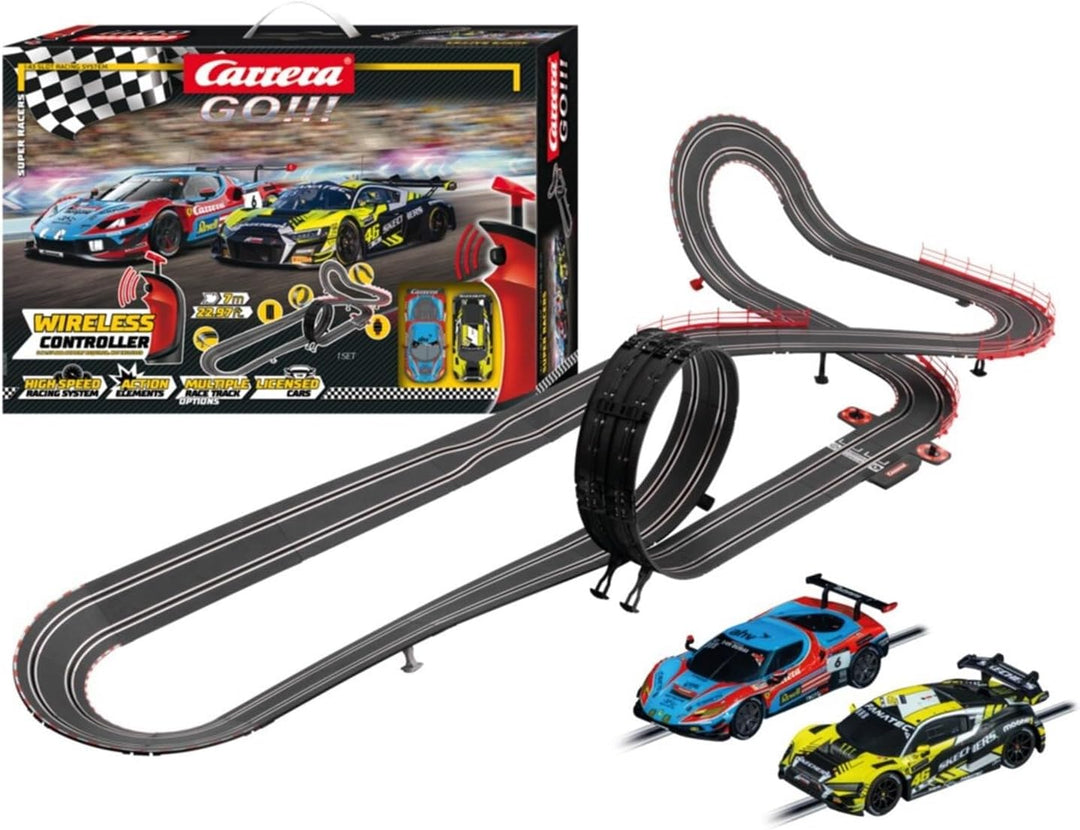 Carrera GO!!! Rennbahn Autorennbahn Super Racers Wireless Set | Grundpackung 62585 | 2 Slotcars inkl