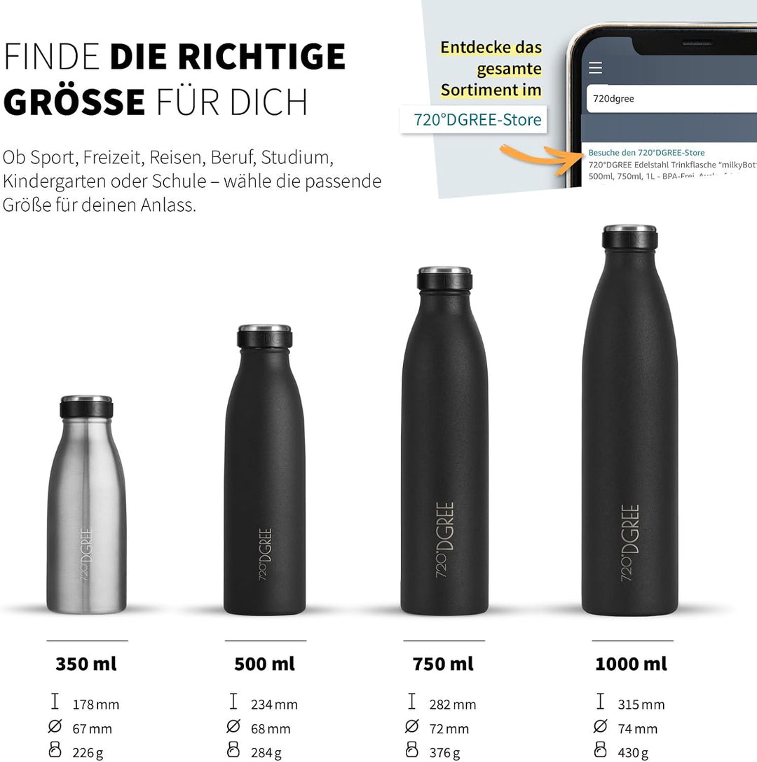 720°DGREE Edelstahl Trinkflasche “milkyBottle” - 500ml - Perfekt für Kinder, BPA-Frei, Auslaufsicher