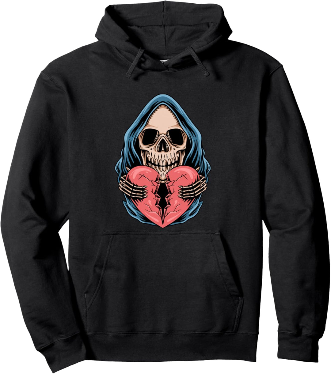 Broken Heart Death Skull - Sad Aesthetic Edgy Streetwear Pullover Hoodie