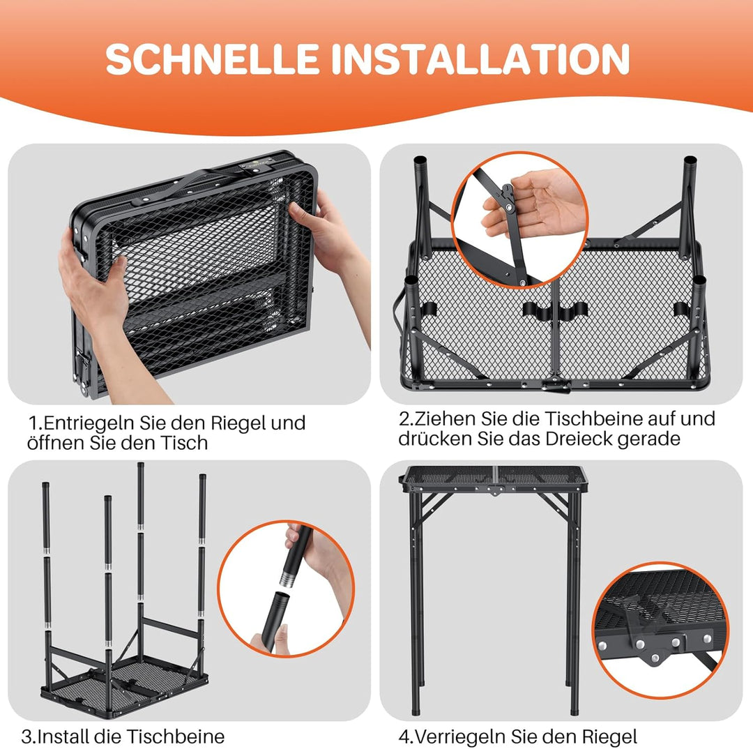 FUNYKICH Klappbar Grilltisch 60 x 40cm, Tragbarer Campingtisch Outdoor mit 3 Höhenverstellbar(27/51/