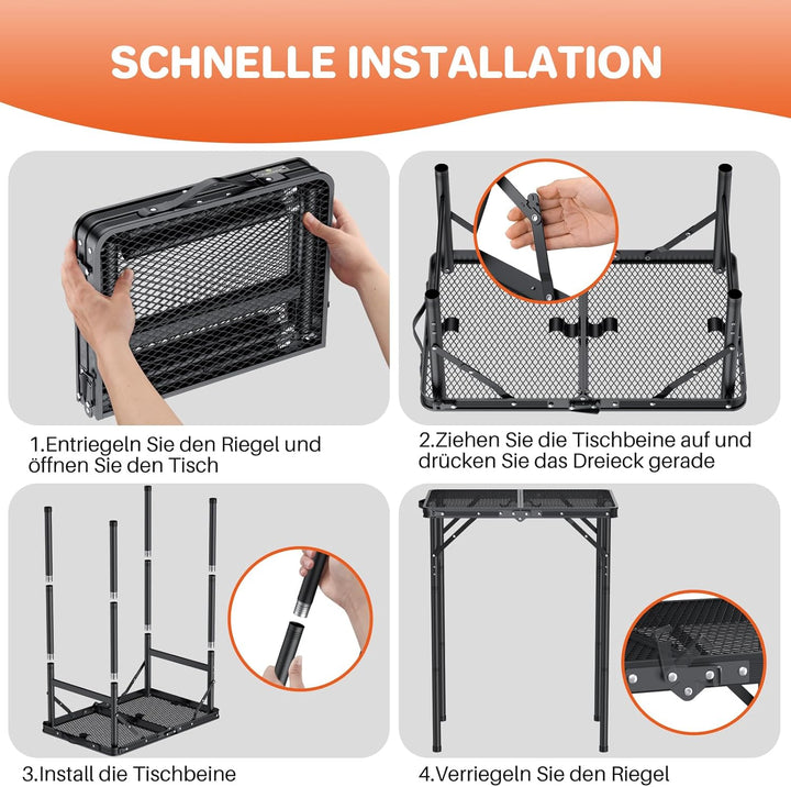 FUNYKICH Klappbar Grilltisch 60 x 40cm, Tragbarer Campingtisch Outdoor mit 3 Höhenverstellbar(27/51/