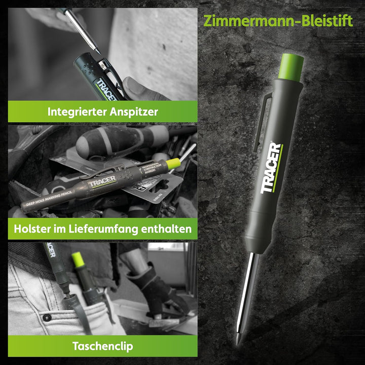 Tracer Markierungsset – Tiefloch-Schreinerbleistift, Ersatzminen x 6 und 2 verstopfungsfreie Marker