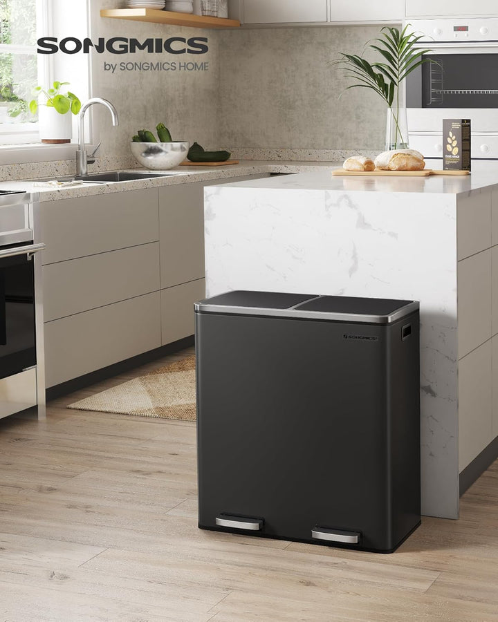 SONGMICS Mülleimer für die Küche, 2 x 30 L, Abfalleimer mit 2 Fächern, Mülltrennung, schwarz
