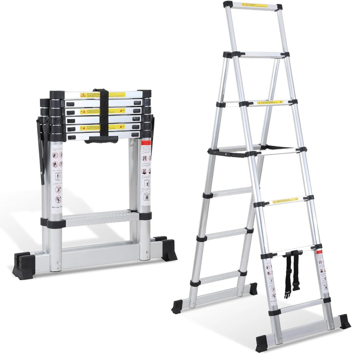 Fiqops 1.7M+2.0M Teleskopleiter 5 + 6 Stufen Klappleiter A-Rahmen Max Belastung 150 KG/330 Pfund, Al