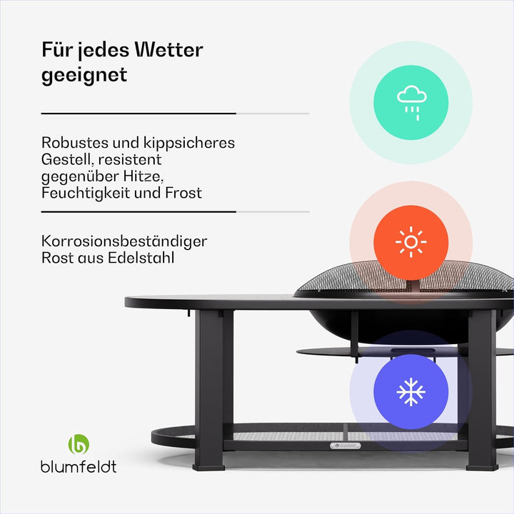 Blumfeldt Merano Circolo L Feuerschale - 3-in-1 Feuerschale mit Grillrost & Tisch, robuster Stahlrah
