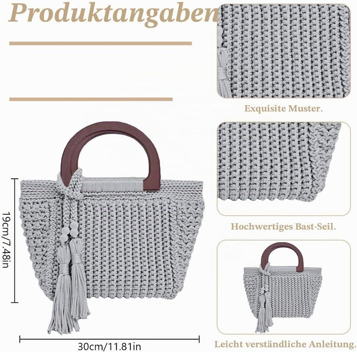 INFUNLY DIY Häkeltaschen Set für Anfänger Erwachsene Hellgraue Tasche Häkel Set mit Schritt Videoanl