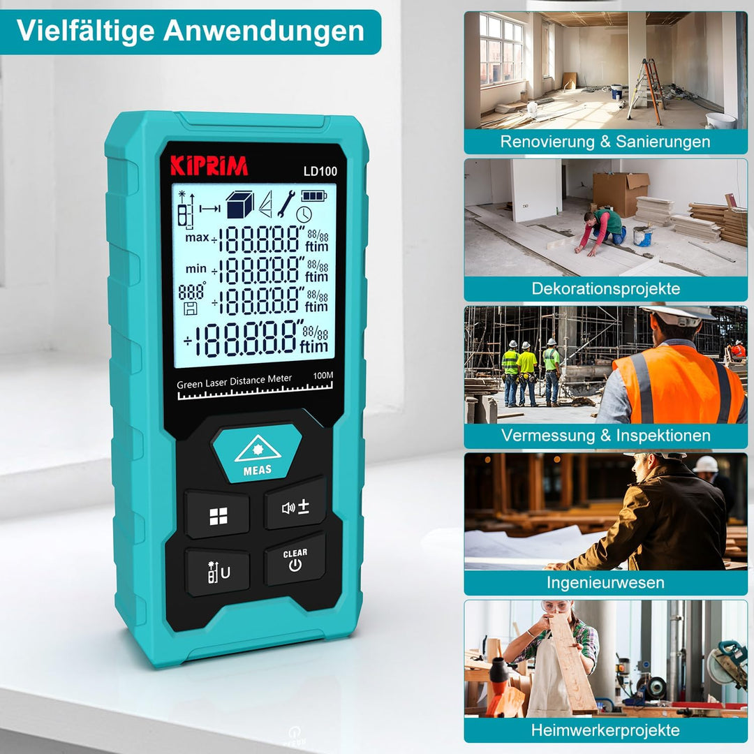 Kiprim Laser-Entfernungsmesser Grün, 100m Digitales Messgerät mit USB-Typ-C-Akku, ±2mm Genauigkeit,