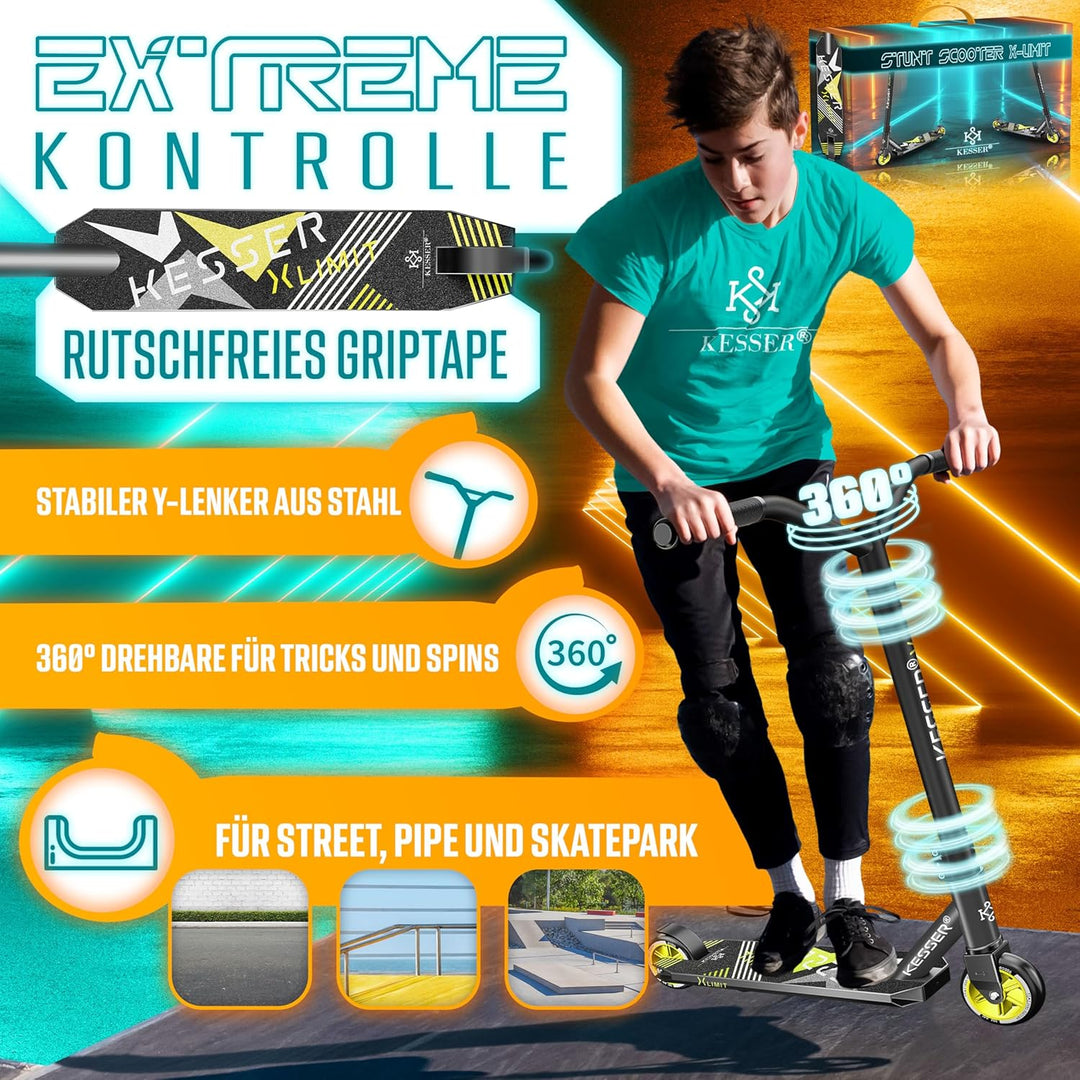 KESSER® Stunt Scooter X-Limit - 360° Lenkung Robuster Funscooter Stuntscooter mit ABEC 9 Kugellagern