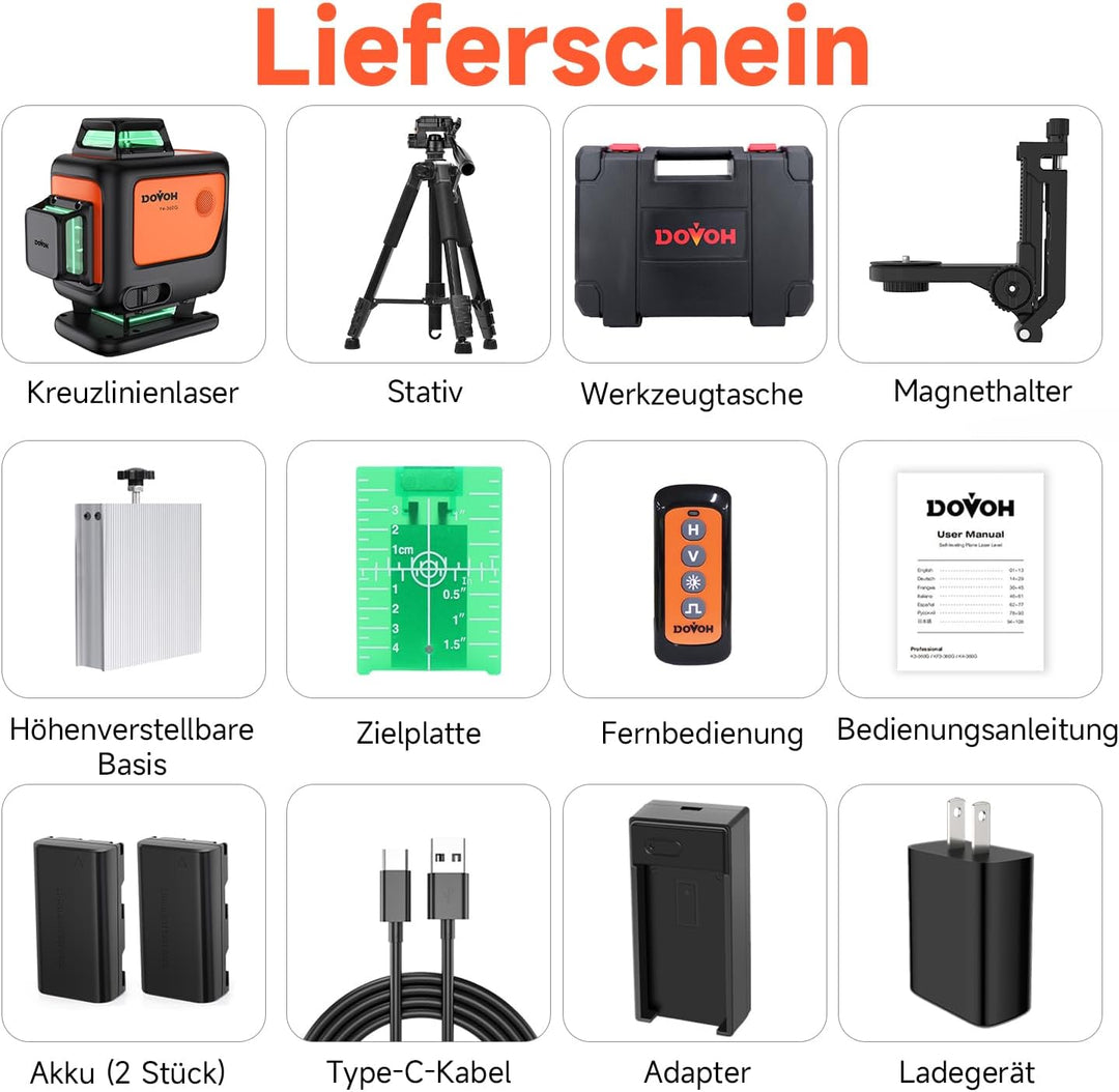 4D Kreuzlinienlaser mit Stativ, DOVOH 360° Selbstnivellierender Grüner Laser, Dual-Akkus, Klass Ⅱ, H