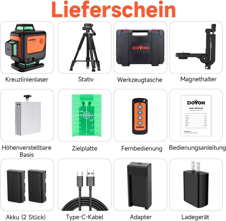 4D Kreuzlinienlaser mit Stativ, DOVOH 360° Selbstnivellierender Grüner Laser, Dual-Akkus, Klass Ⅱ, H