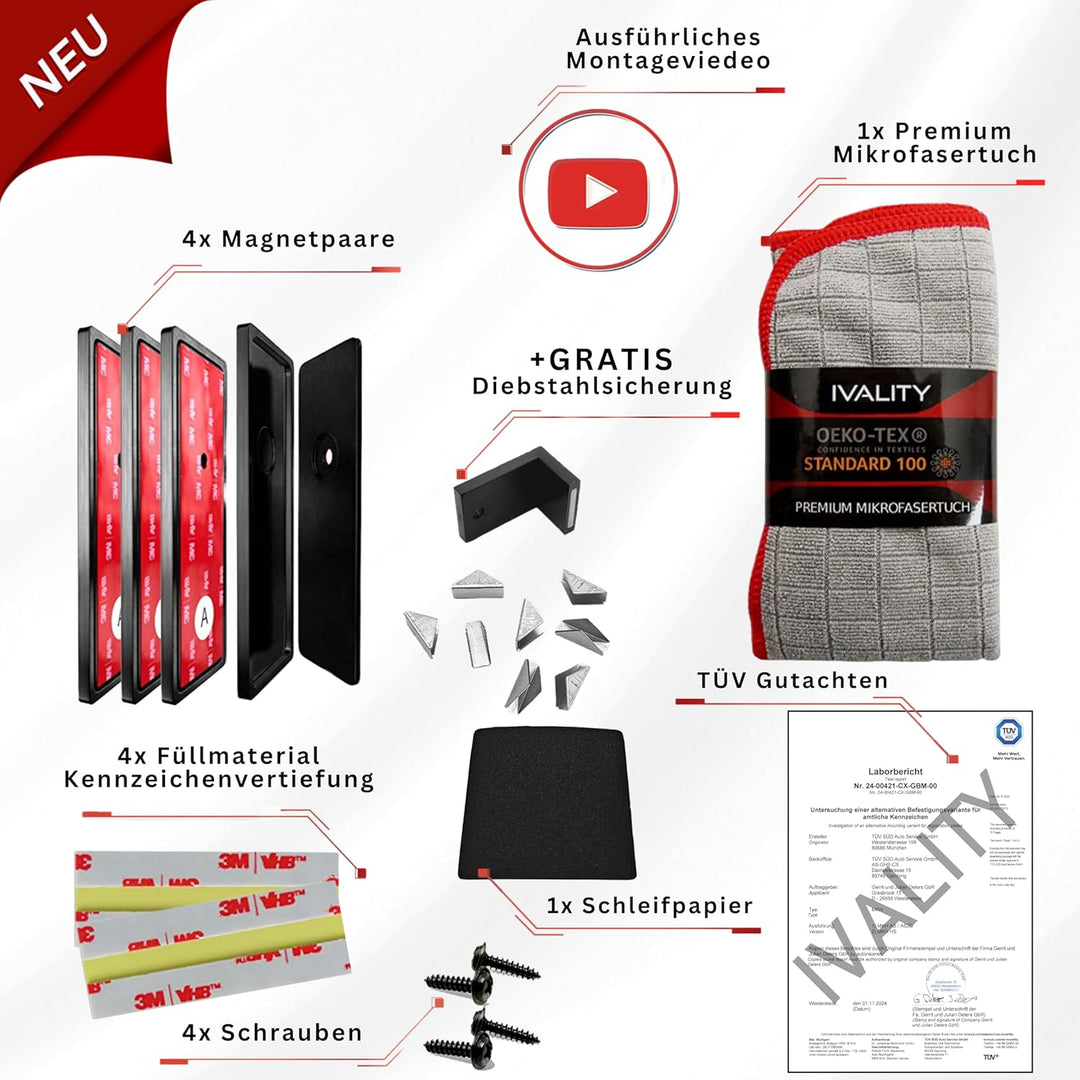 IVALITY® Magnet Kennzeichenhalter Rahmenlos für 2 Kennzeichen | Magnetische Nummernschildhalterung A