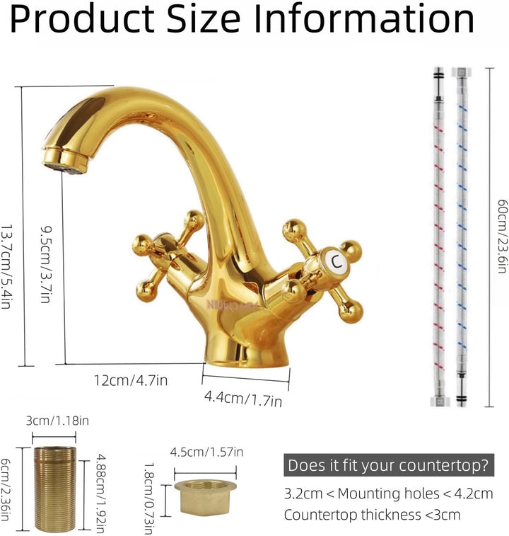 Wasserhahn Armatur Bad Zweigriff Gold, Waschtischarmatur Messing mit Kreuzgriff, Mischbatterie Badez