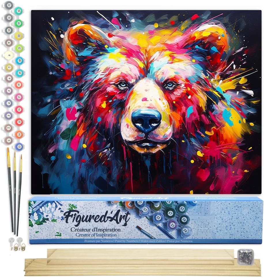 Figured'Art Malen Nach Zahlen Erwachsene Mit Rahmen Bär Farbenfroh Abstrakt - Paint by Numbers Baste