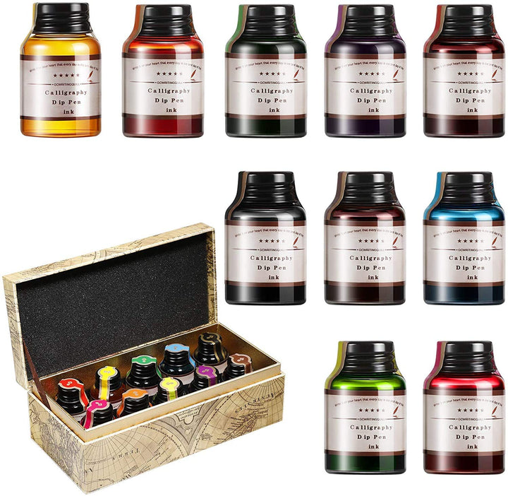 GC Kalligraphie Tinte-Set mit 10 Farben x 20 ml Tintenflaschen- Kohlenstofffreie Tinte für Füllfeder