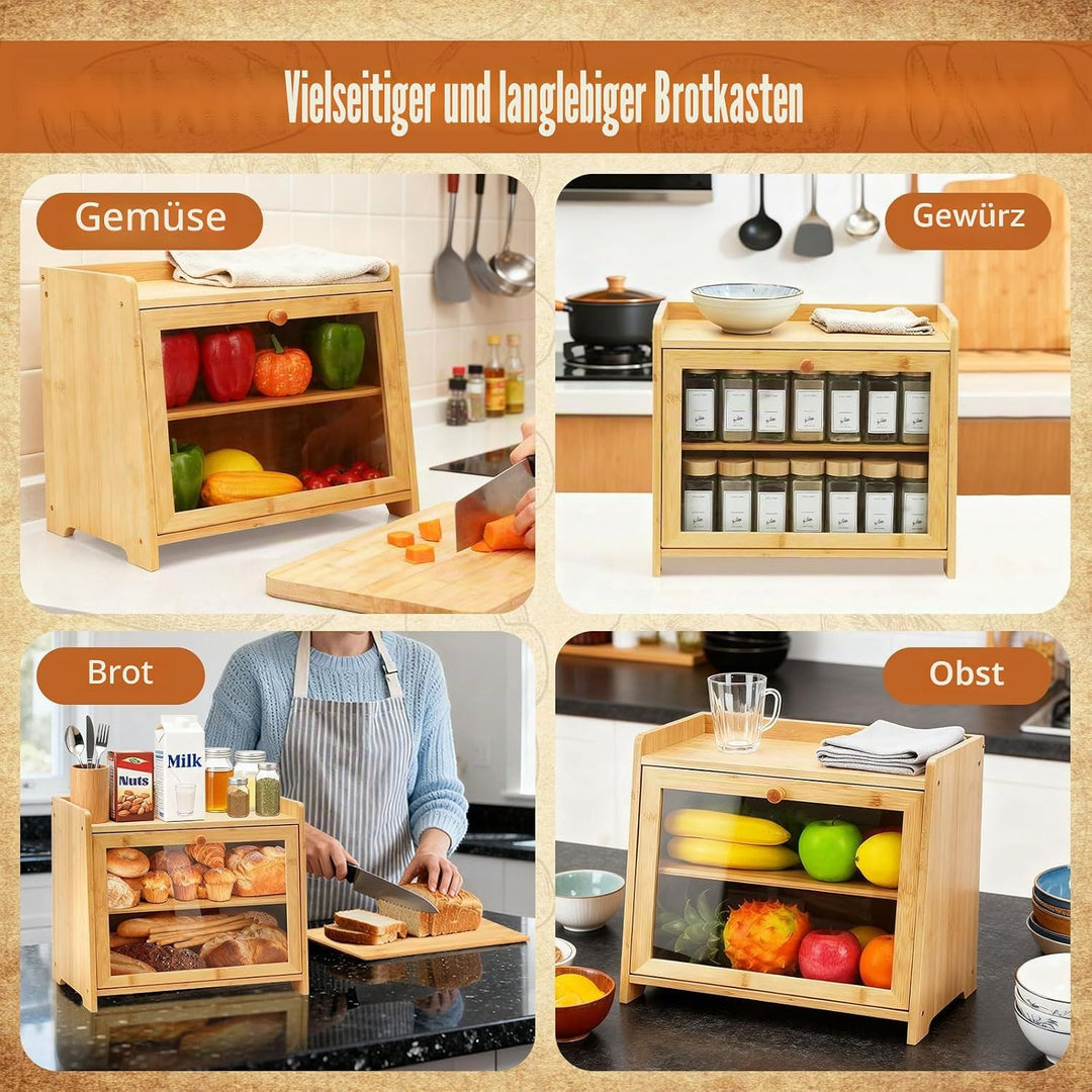 2 Etagen Bambus Brotkasten, Gross, Brotbox, Doppelstöckig Mit Sichtfenster, Belüftung, Seitlichen Gr