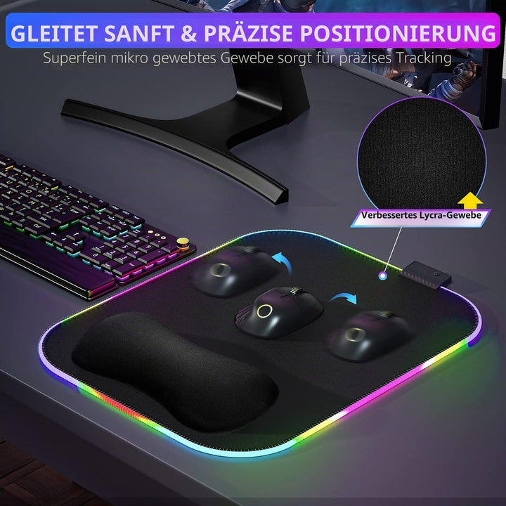 Gimars RGB Mauspad Gaming mit Handauflage, 305x254mm Grosses Gelkissen Mouspad mit 10 LED-Beleuchtun