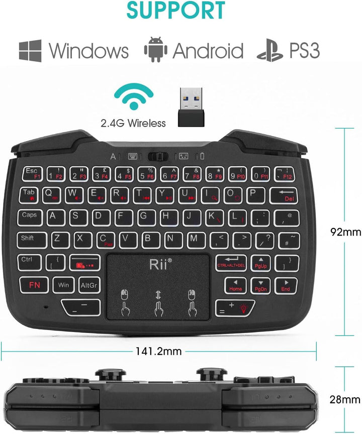 Rii RK707 Mini-Tastatur- und Maus-Kombination mit Trackpad, Media-Tastatur-Maus mit Game-Controller,