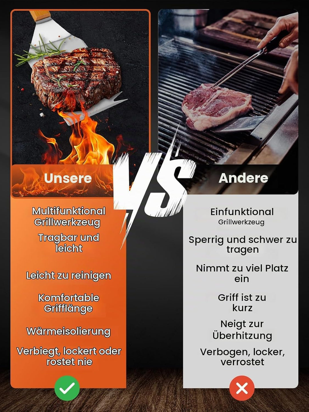 Landrip 2 Stück Grillspachtel für Barbecue, 8 in 1 Grillbesteck mit Holzgriff, EdelstahI, Multifunkt