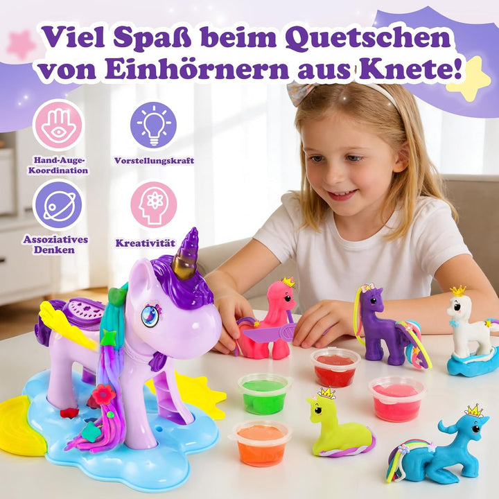 Einhorn Knete Set Kinder 36 Stück mit 16 Dosen Knetmasse, Knetezubehör Einhorn mit Frisur & Formen,