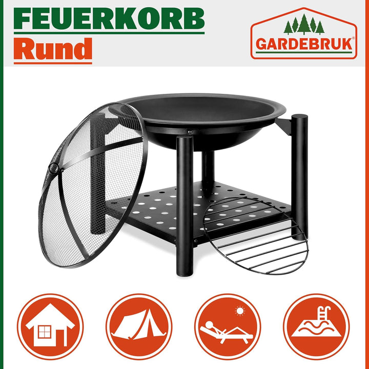 GARDEBRUK® Feuersschale mit Funkenschutz Rund Ø55cm Schürhaken Ablagefach Stahl Schwarz Terrasse Gar