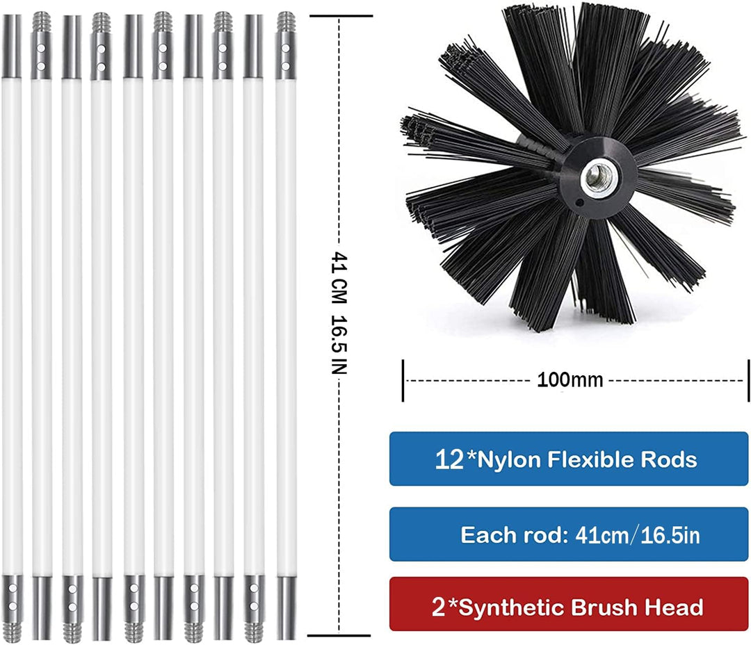 Kaminbürste Stange Set, Durchmesser 100mm, Kaminbürste enthält 9 Flexible Stangen 410mm und 2 Bürste