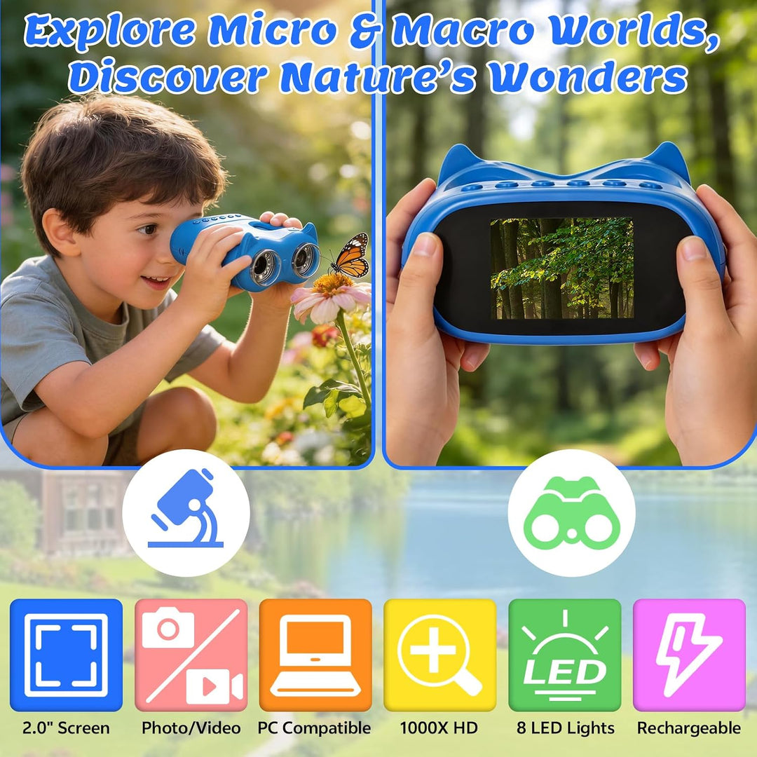 2-in-1 Digitales Mikroskop für Kinder, 1080P HD 2.0" Bildschirm Taschenmikroskop, 1000X, 8 LED Foto
