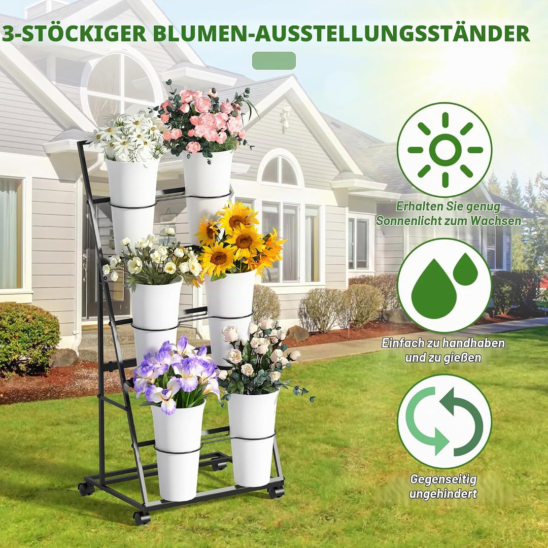 Alyoen Blumenständer mit Rollen und Eimern, 3 Etagen Blumenständer aus Metall mit 6 Eimern, Mobiler