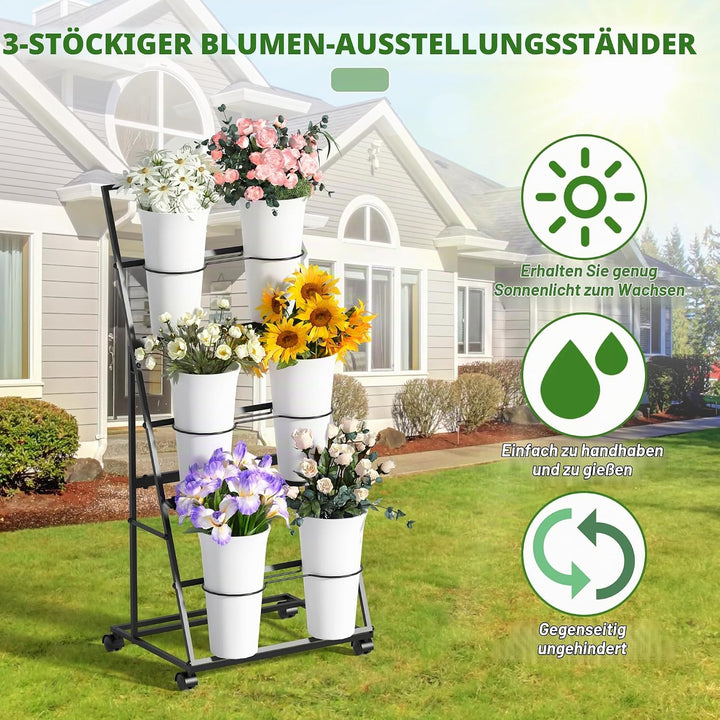 Alyoen Blumenständer mit Rollen und Eimern, 3 Etagen Blumenständer aus Metall mit 6 Eimern, Mobiler