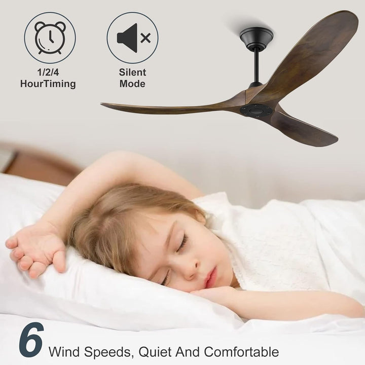 Deckenventilator ohne Beleuchtung mit Fernbedienung, 152cm Holz Retro Deckenventilator, Reversibler