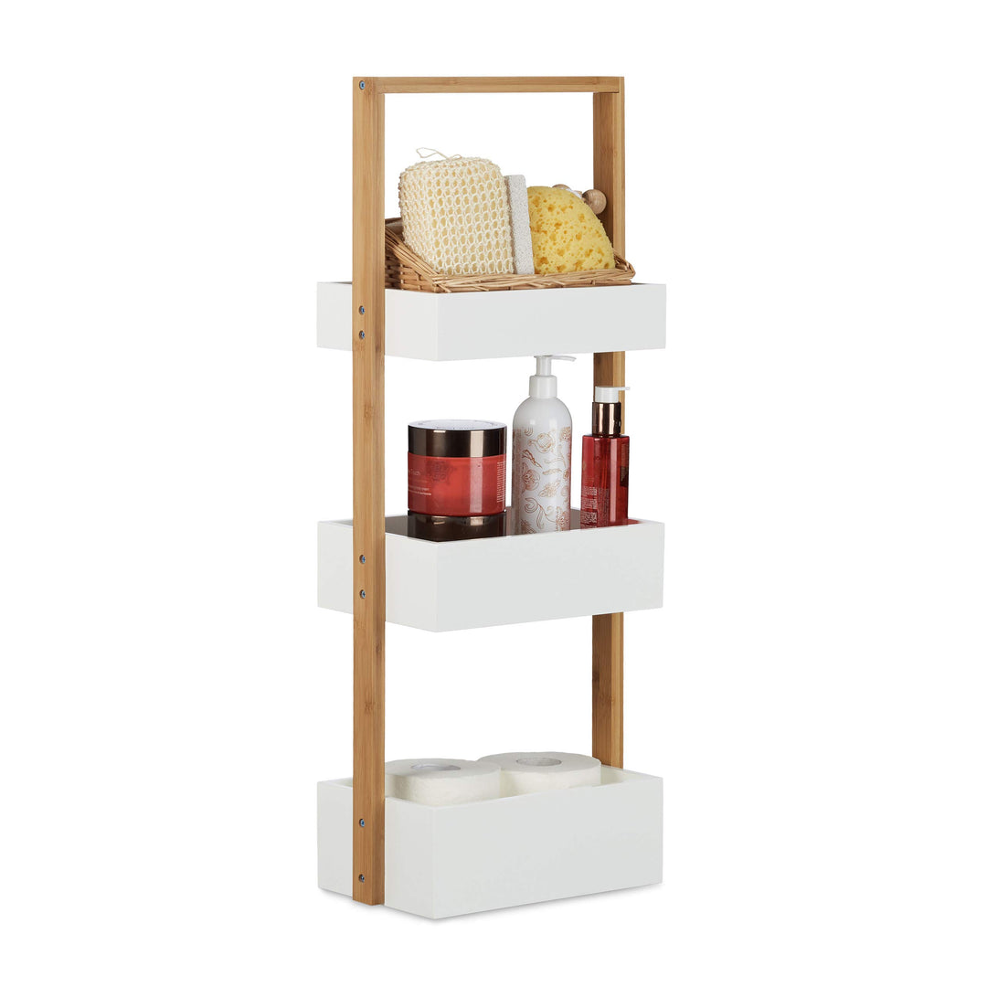 Relaxdays Badregal Bambus, Badezimmerregal mit 3 Körben, Korbregal fürs Bad, MDF, HxBxT: 76 x 30 x 1
