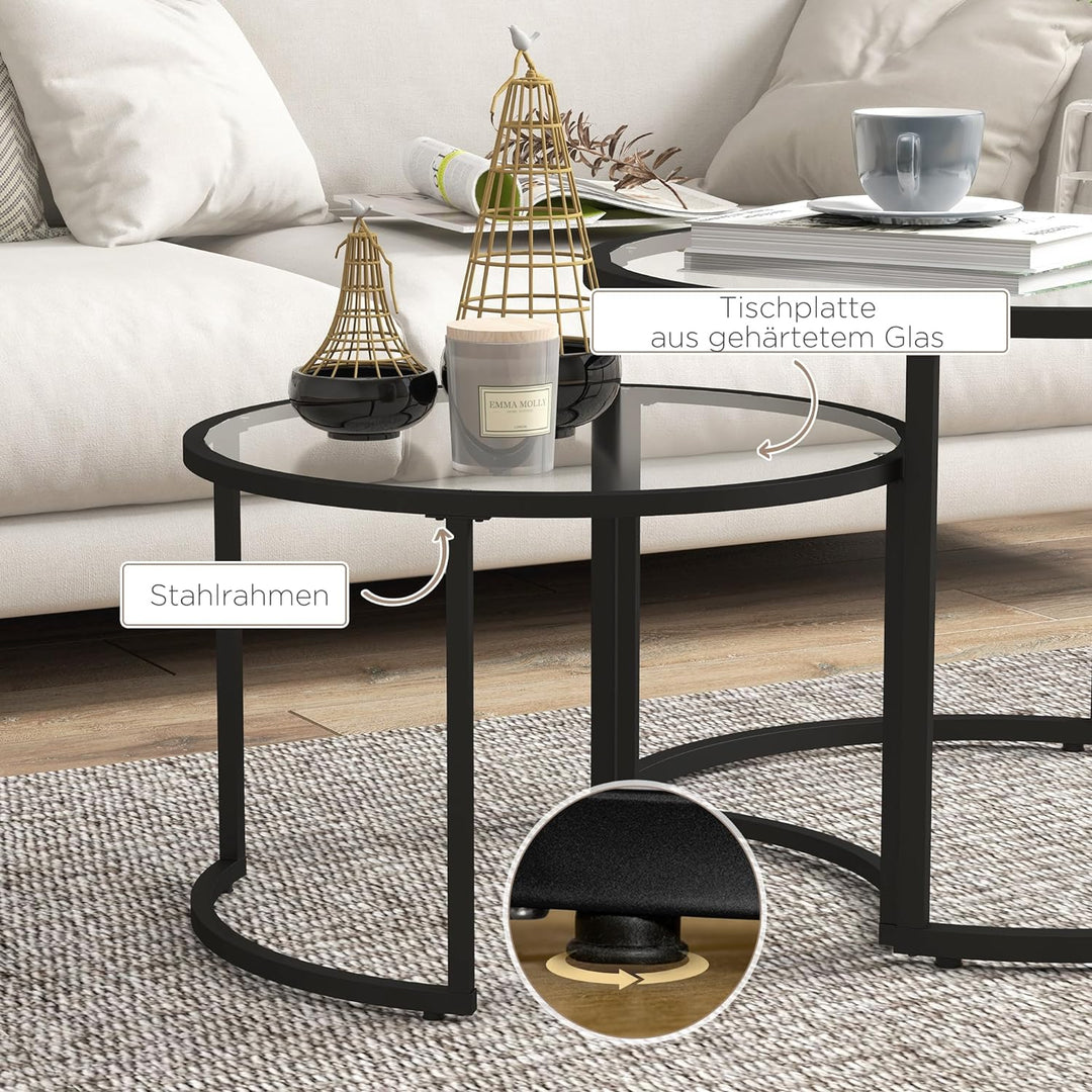 HOMCOM Couchtisch 2er-Set, Beistelltisch mit Schwarz Stahlgestell, Sofatisch, Kaffeetisch mit Tischp