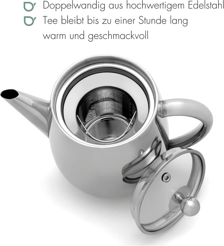 Bredemeijer Edelstahl Teekanne Duet Eva (1.1 Liter) – mit Teesieb & Edelstahlfilter in Einem, hitzeb
