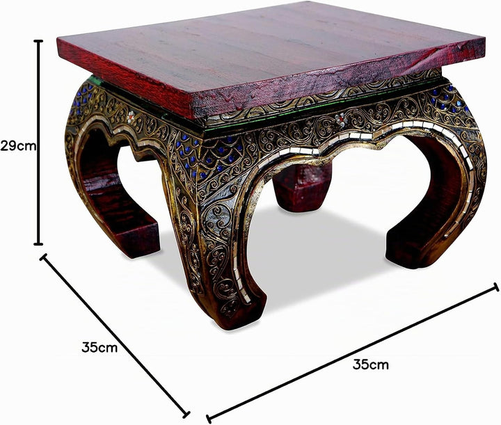 livasia Opiumtisch mit Glasmosaikverzierungen, Beistelltisch aus Holz, Nachttisch, asiatischer Hocke