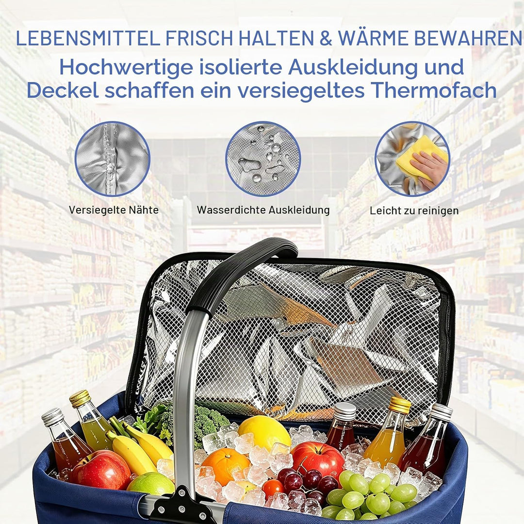 35L Faltbarer Einkaufskorb mit Deckel, Stabiler Tragekorb Picknickkorb mit Kühlfunktion, Grosse Isol