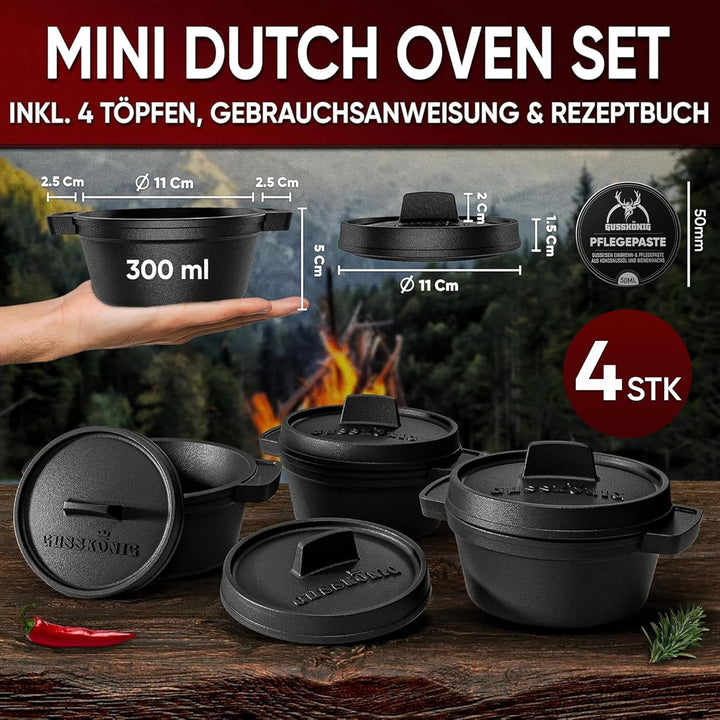 Dutch Oven Set Mini - 4x 300ml Gusseisen Mini Topf mit Deckel - bereits eingebrannter Mini Dutch Ove