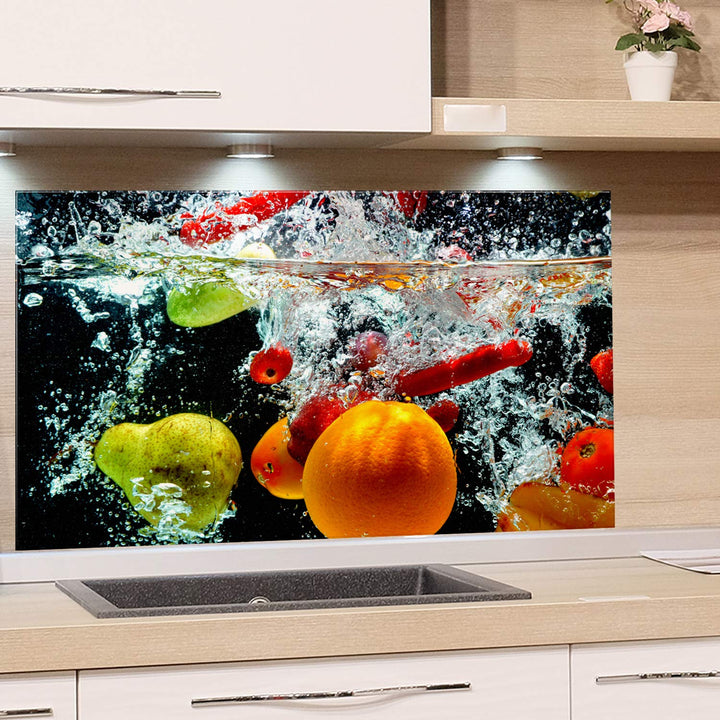 GRAZDesign Spritzschutz Glas für Küche, Herd Bild-Motiv Früchte im Wasser Küchenrückwand Küchenspieg
