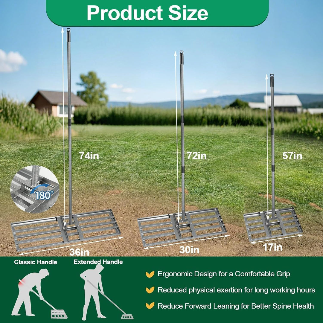 Rasen Nivellierrechen 76×26 cm, Heavy-Duty Garten Rasenrakel aus Karbonstahl, vollverschweisste Nive
