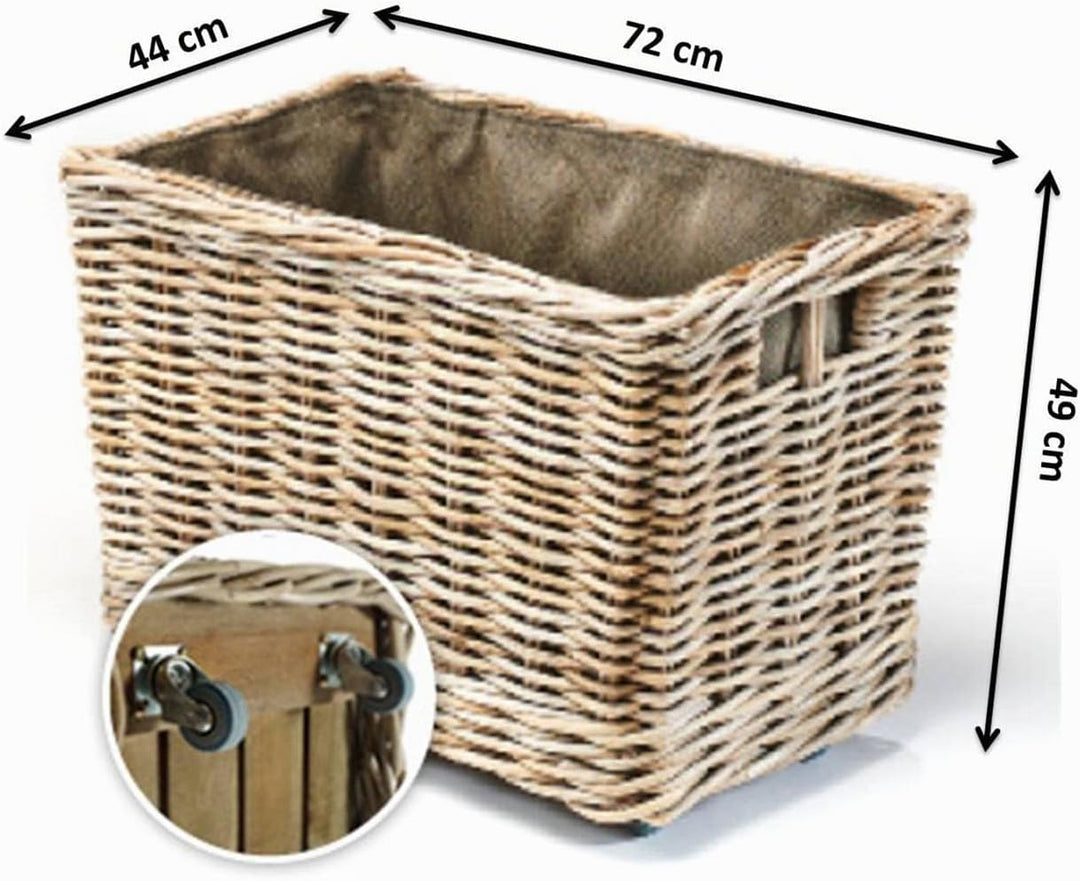 Kobolo Kaminholzwagen für Kaminholz mit Rollen Rattan - Innenfutter aus dunklem Stoff