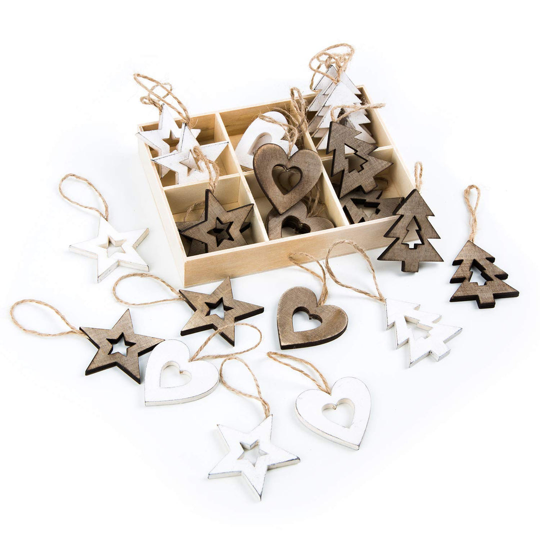 24 Weihnachten Holz Anhänger 5 cm, braun weiss, Baumschmuck Holzanhänger Deko Weihnachten, Bäume, St