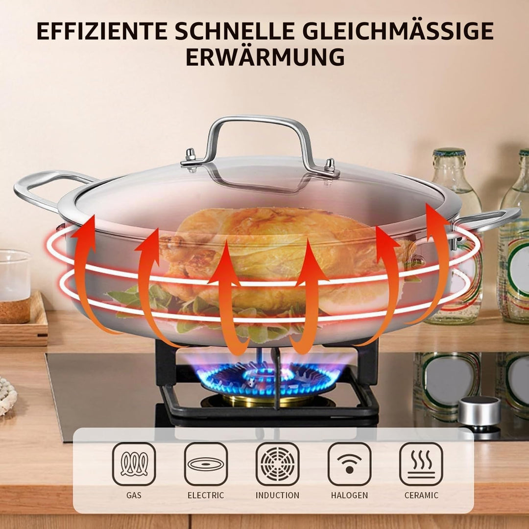 Schmortopf mit Deckel,Ø 30cm Hoher Rand 9.8cm,3-Schichten Edelstahl Pfanne,Bräter Induktion,Für Gros