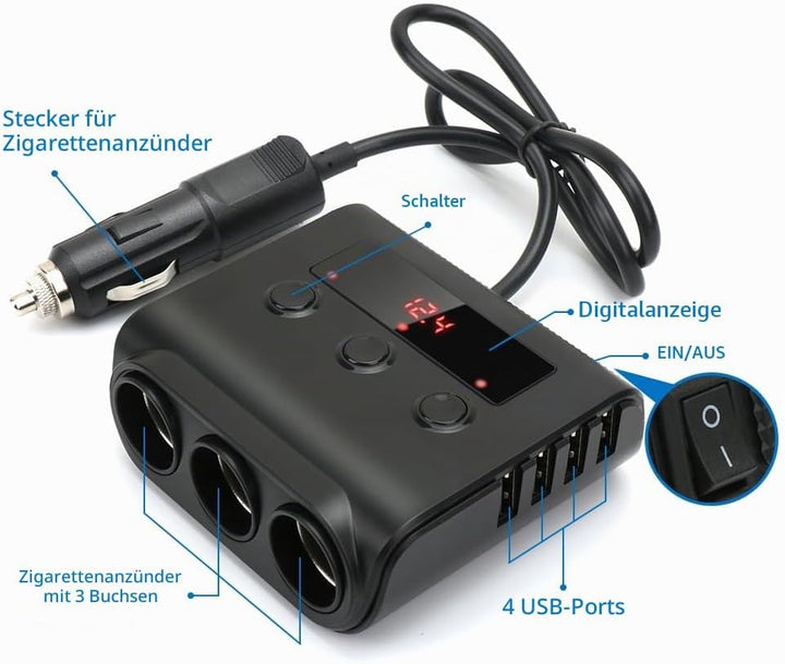 Auto Ladegerät Car Charger, 3 Fach KFZ Verteiler 12/24V Mehrfachstecker Zigarettenanzünder USB Autol