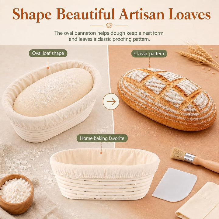 2 Stück Gärkörbchen Oval 28 cm, Gärkörbchen für Brot, Gärkorb Brot mit Bürste und Kunststoffspachtel