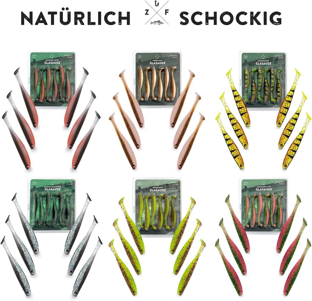 Zanderfang - Gummifische Set - Glasaugen Gummiköder für Zander, Barsch, Hecht - mit Fischaroma aroma