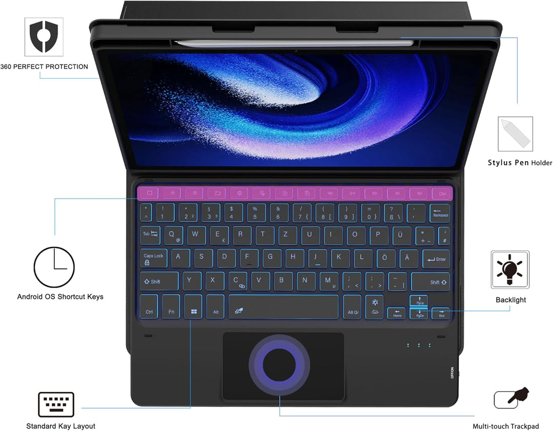 für Xiaomi Pad 6/Pad 6 Pro 11 Zoll Hülle mit Tastatur : 7-Farbiger Beleuchtung, Smart Touchpad, Abne