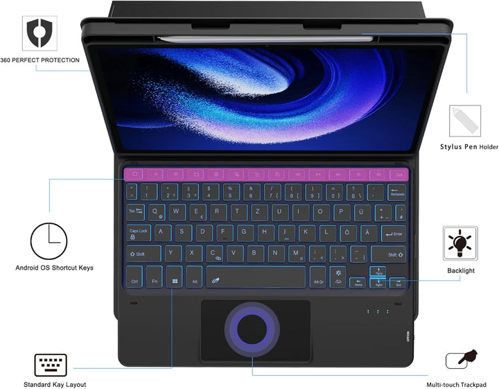 für Xiaomi Pad 6/Pad 6 Pro 11 Zoll Hülle mit Tastatur : 7-Farbiger Beleuchtung, Smart Touchpad, Abne